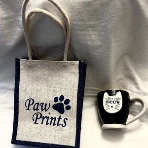 Dei “Coffee Right Meow” Mug/Cup w/Free “Paw Prints” Jute Bag